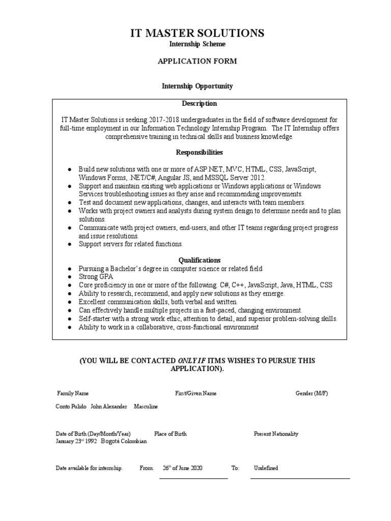 IT Internship Application Form 2020 | PDF | Academic Degree | Java Script