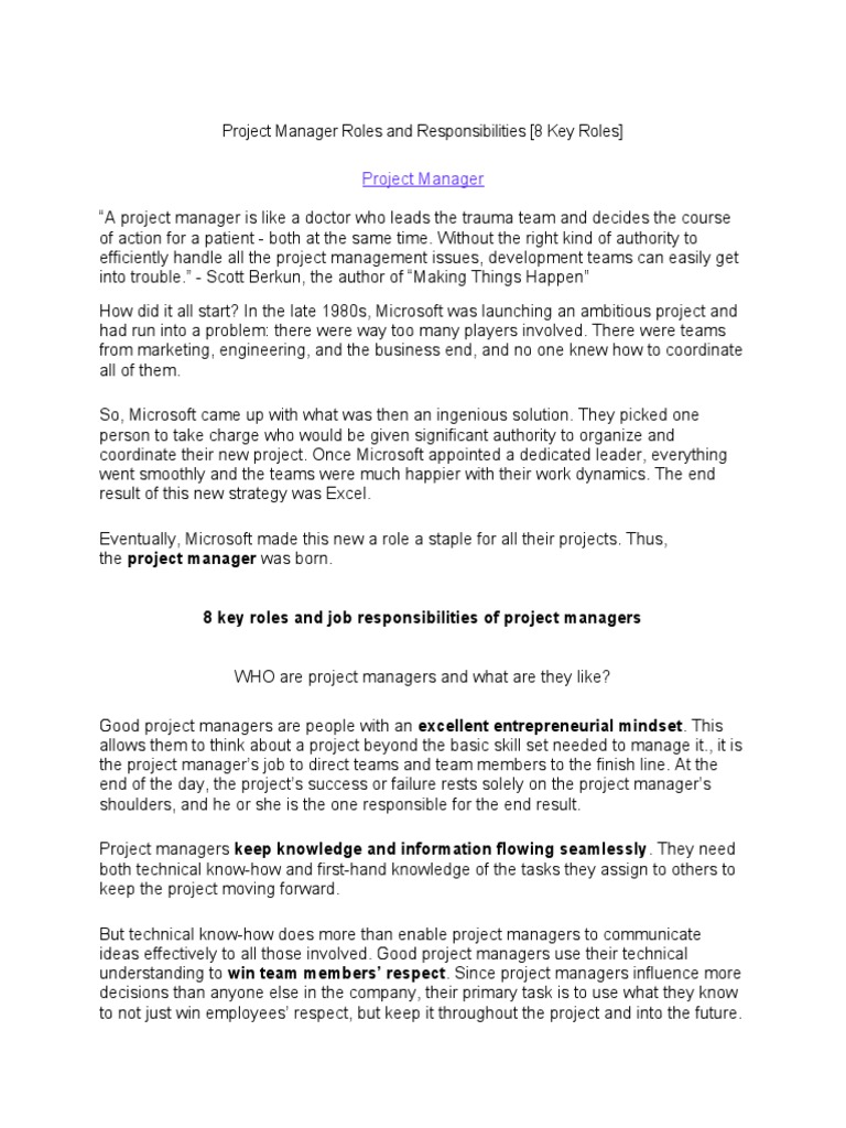 Project Manager Roles and Responsibilities | PDF | Project Management ...