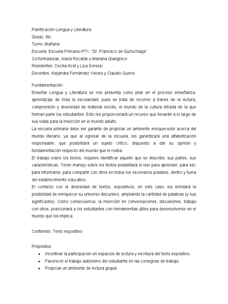 Planificación de Lengua y Literatura 5to | PDF | Educación primaria ...