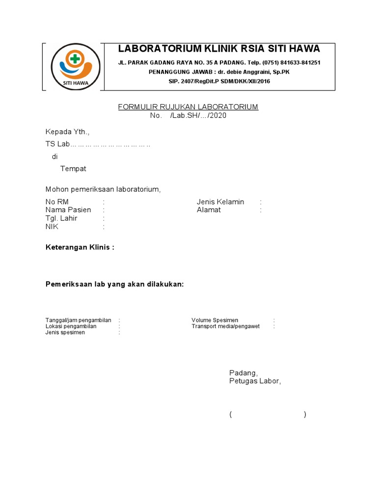 Formulir Rujukan Laboratorium RSIA Siti Hawa | PDF
