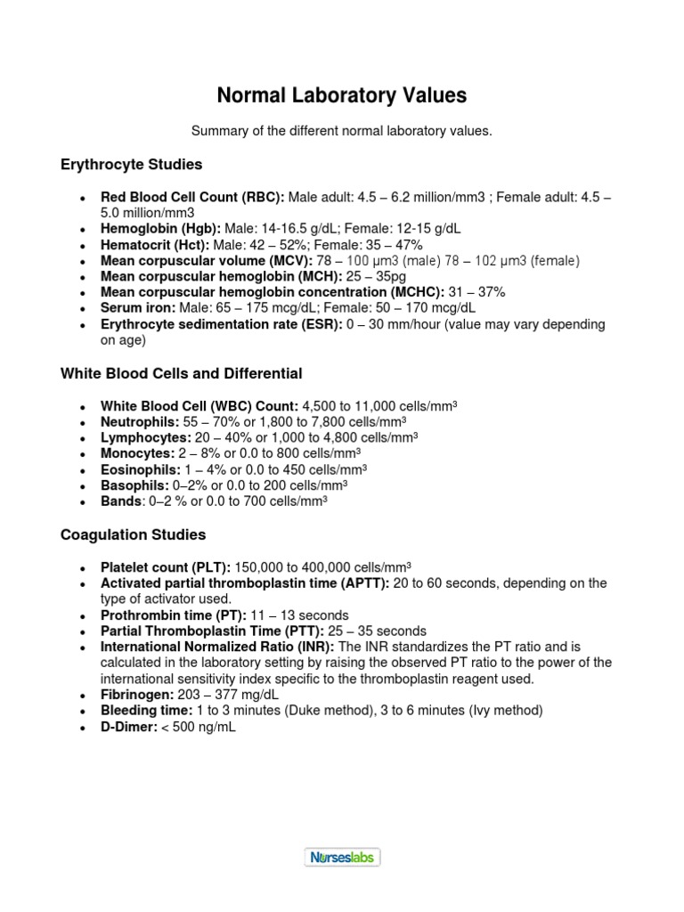 Normal Laboratory Values Overview | PDF | Magnesium | White Blood Cell