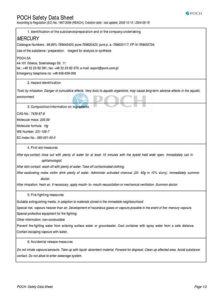 POCH Safety Data Sheet Mercury PDF Personal Protective Equipment