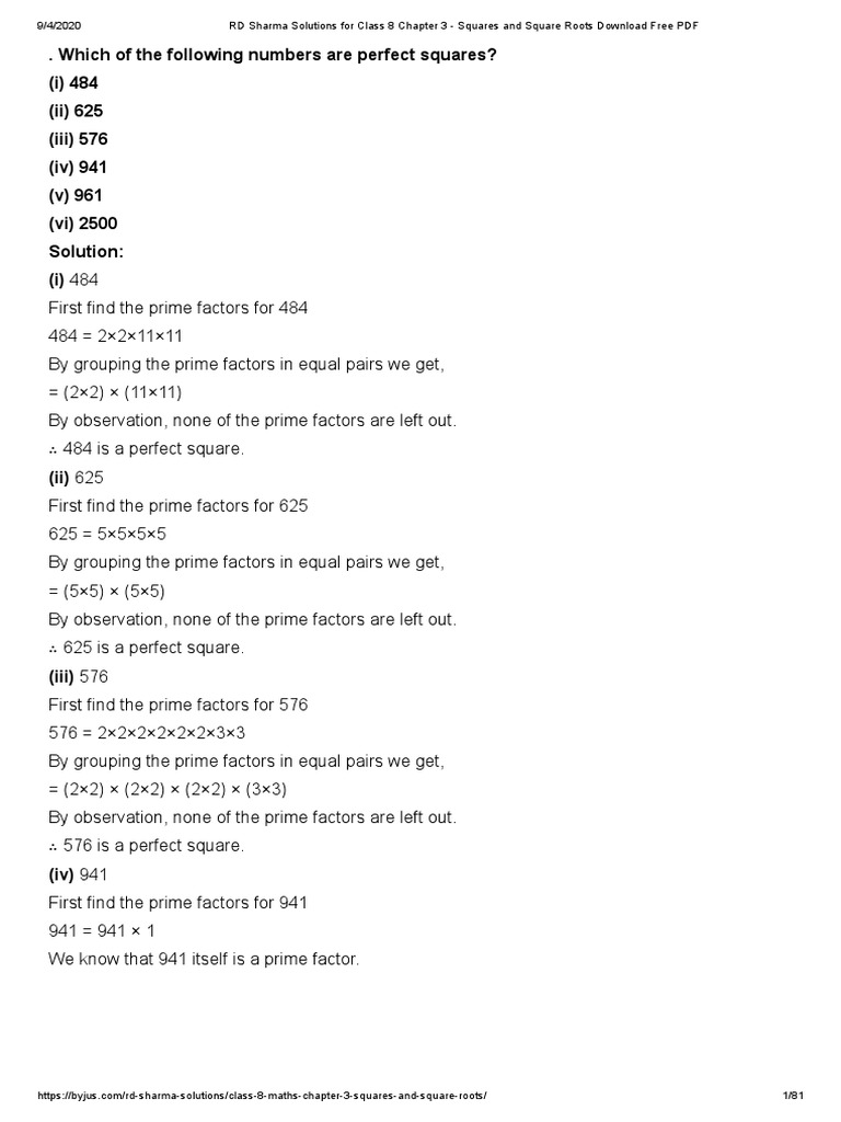 RD Sharma Solutions For Class 8 Chapter 3 - Squares and Square Roots  Download Free PDF | PDF | Numbers | Prime Number