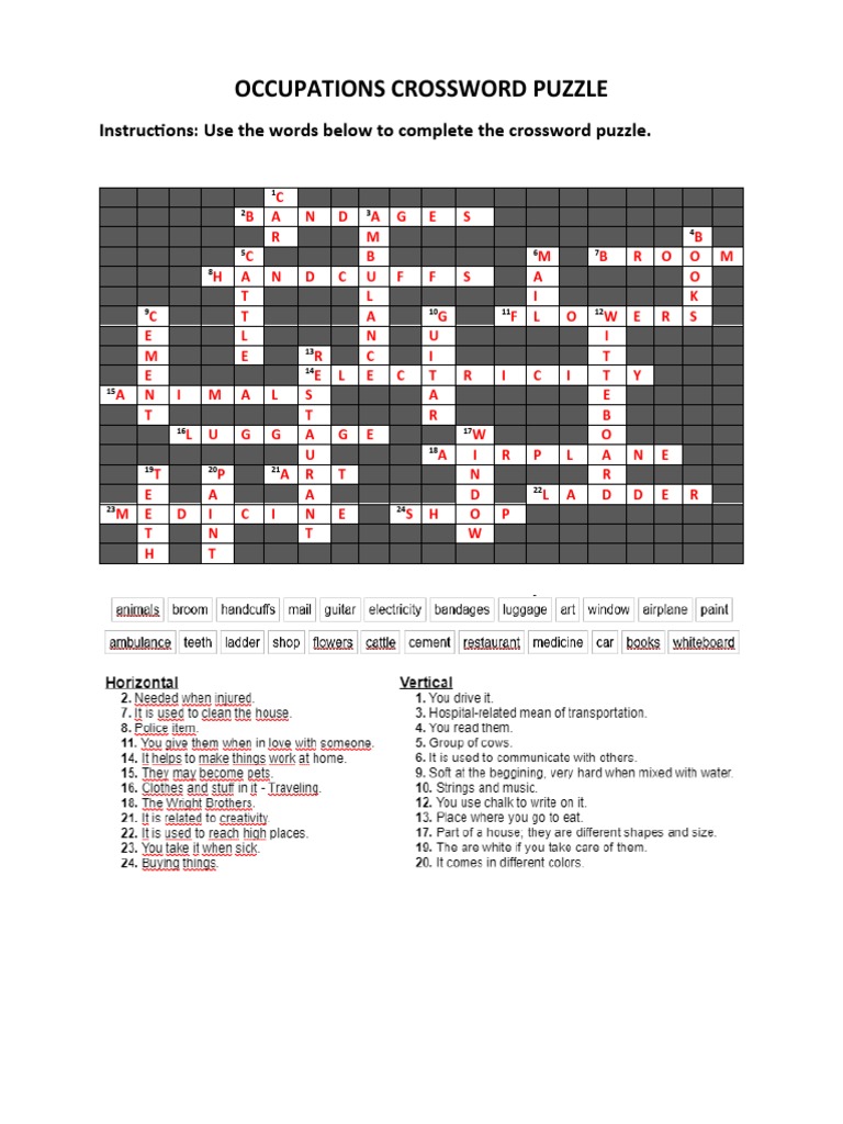 Occupations Crossword Puzzle Instructions Use The Words Below To