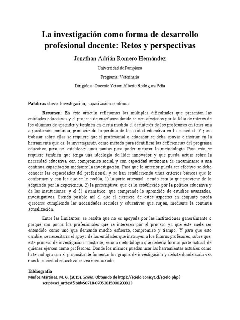 La Investigación Como Forma De Desarrollo Profesional Docente Pdf