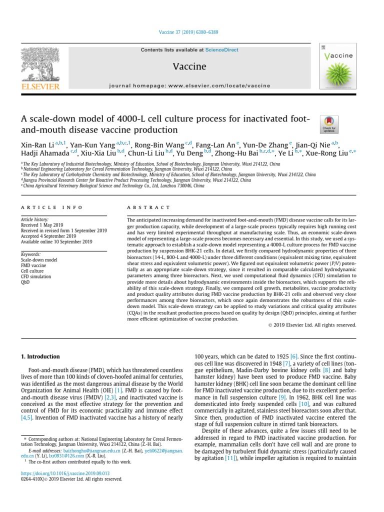 A Scale Down Model Of 4000 L Cell Culture Process For Inactivated Footand Mouth Disease Vaccine Production Computational Fluid Dynamics Turbulence