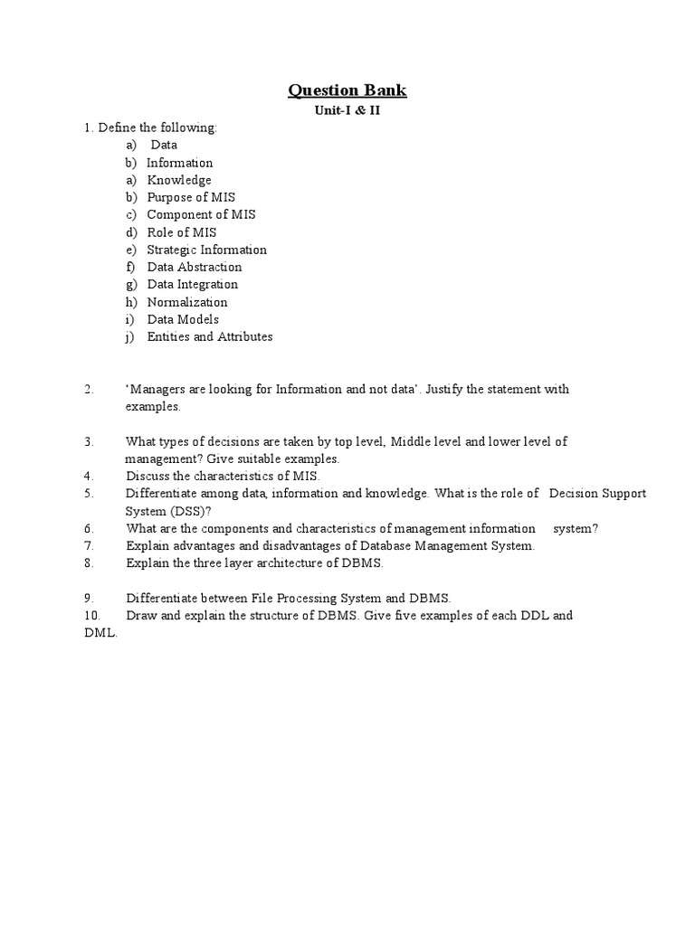 MIS and DBMS Question Bank Guide | PDF
