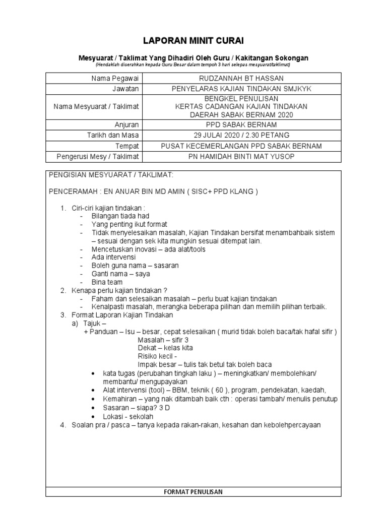 Minit Curai Bengkel Kajian Tindakan 2020 Pdf