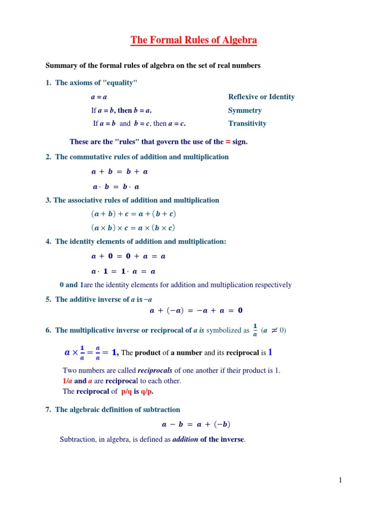 Formal Algebra Rules Summary | PDF | Multiplication | Fraction ...