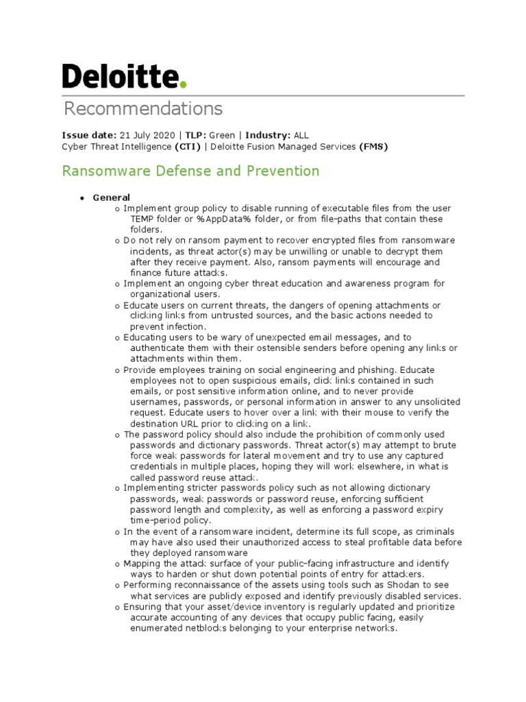 Recommendations: Ransomware Defense and Prevention | PDF | Ransomware ...