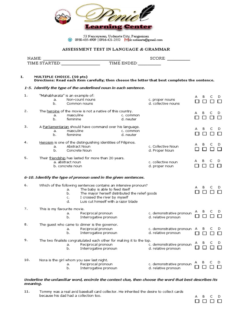 Language and Grammar Assessment - SHS | PDF | Grammatical Gender | Verb