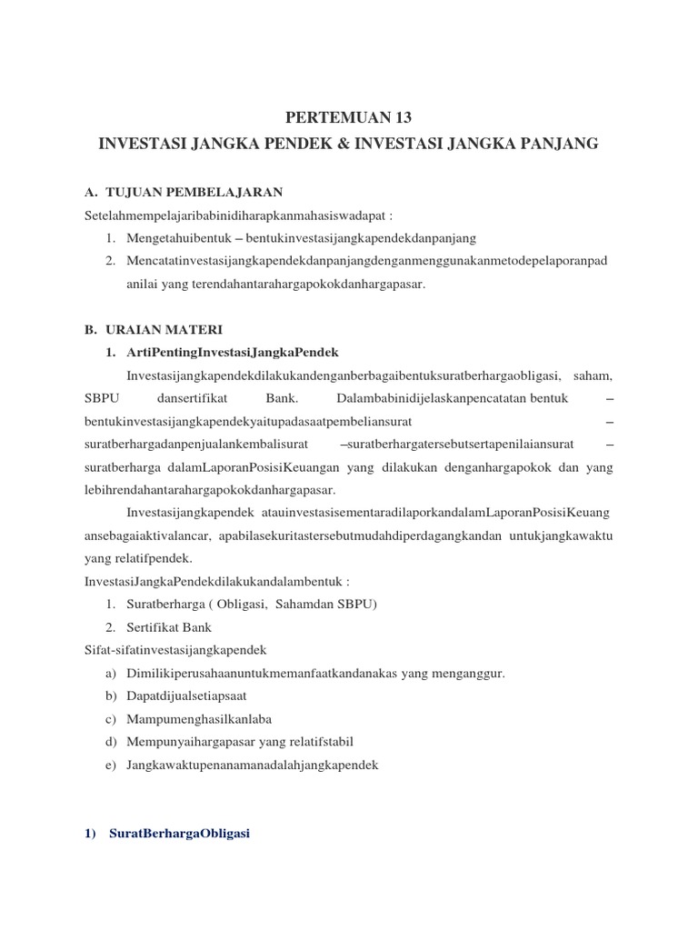 Pertemuan Ke 13 Investasi Jangka Pendek Investasi Jangka Panjang Pdf