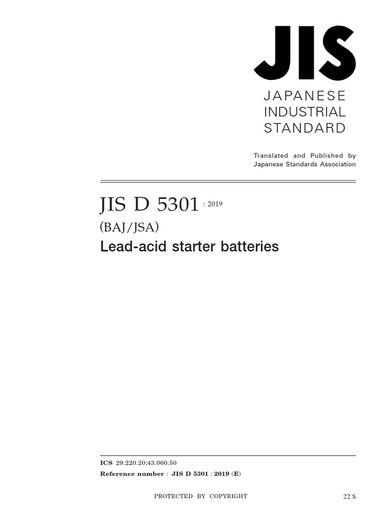 JIS D 5301: Lead-Acid Starter Batteries | PDF