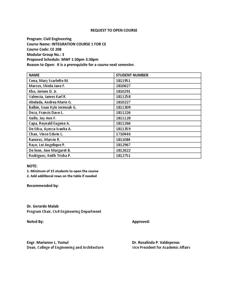 Course Opening Request for CE 208 | PDF