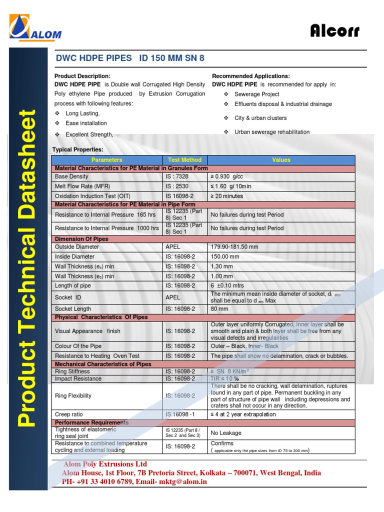 DWC HDPE Pipe Specifications 150mm & 300mm | PDF | Pipe (Fluid ...