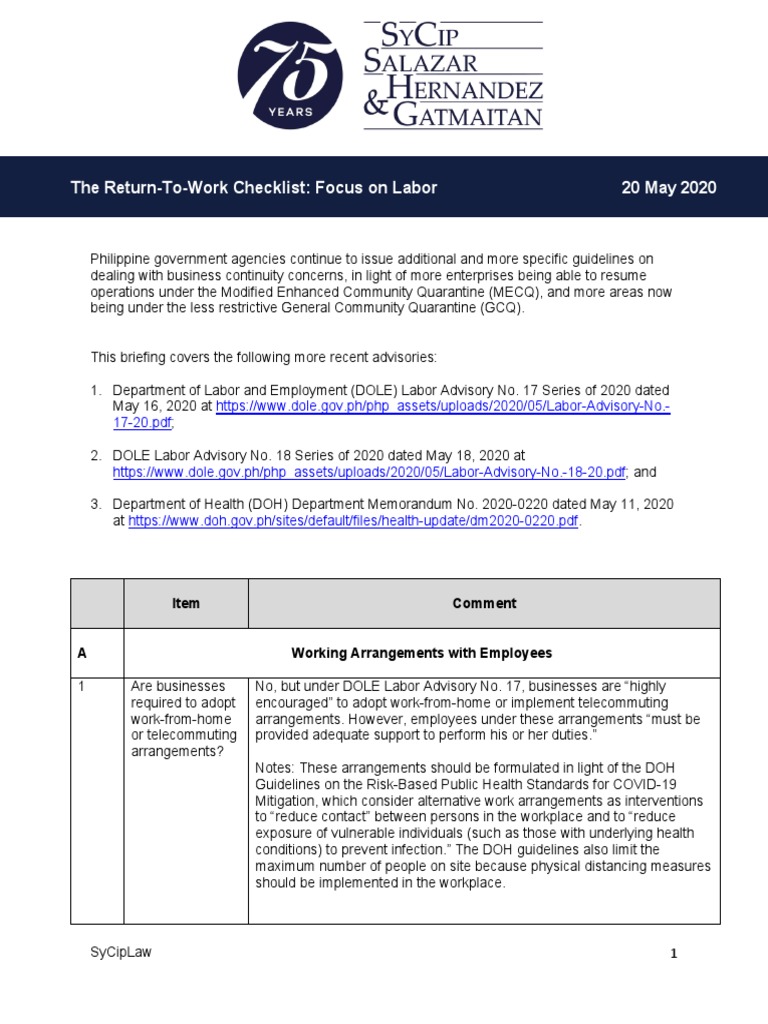 20 May 2020 The Return-To-Work Checklist: Focus On Labor: Item Comment ...