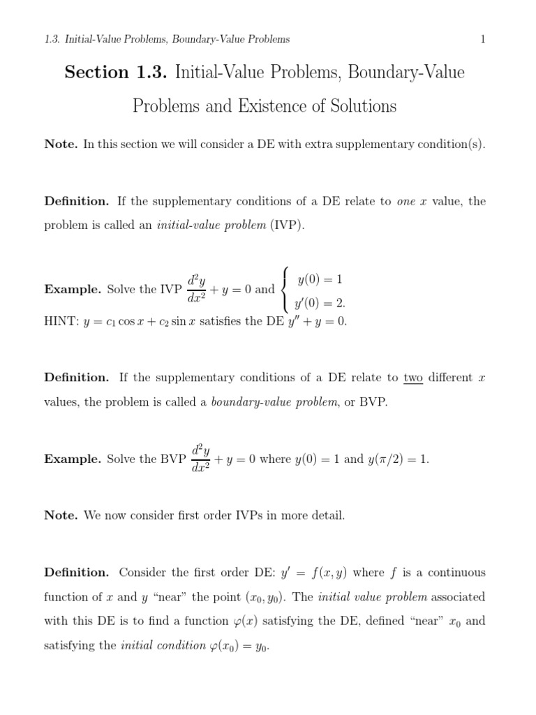 Section 1.3. Initial-Value Problems, Boundary-Value Problems and ...