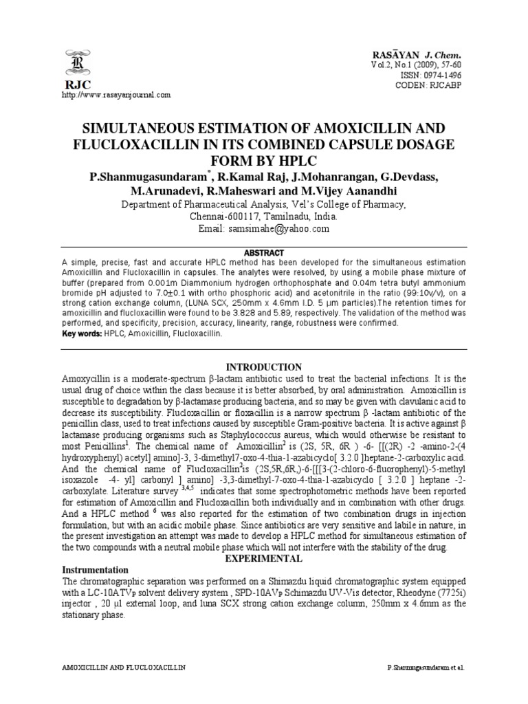 Simultaneous Estimation of Amoxicillin and Flucloxacillin in Its