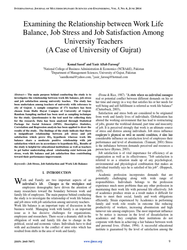Examining The Relationship Between Work Life Balance, Job Stress and ...
