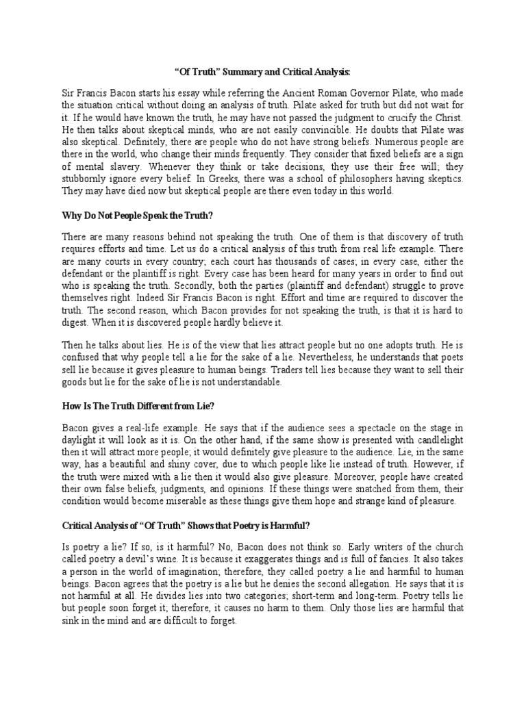 What Is The Main Theme Of The Essay Of Truth By Francis Bacon