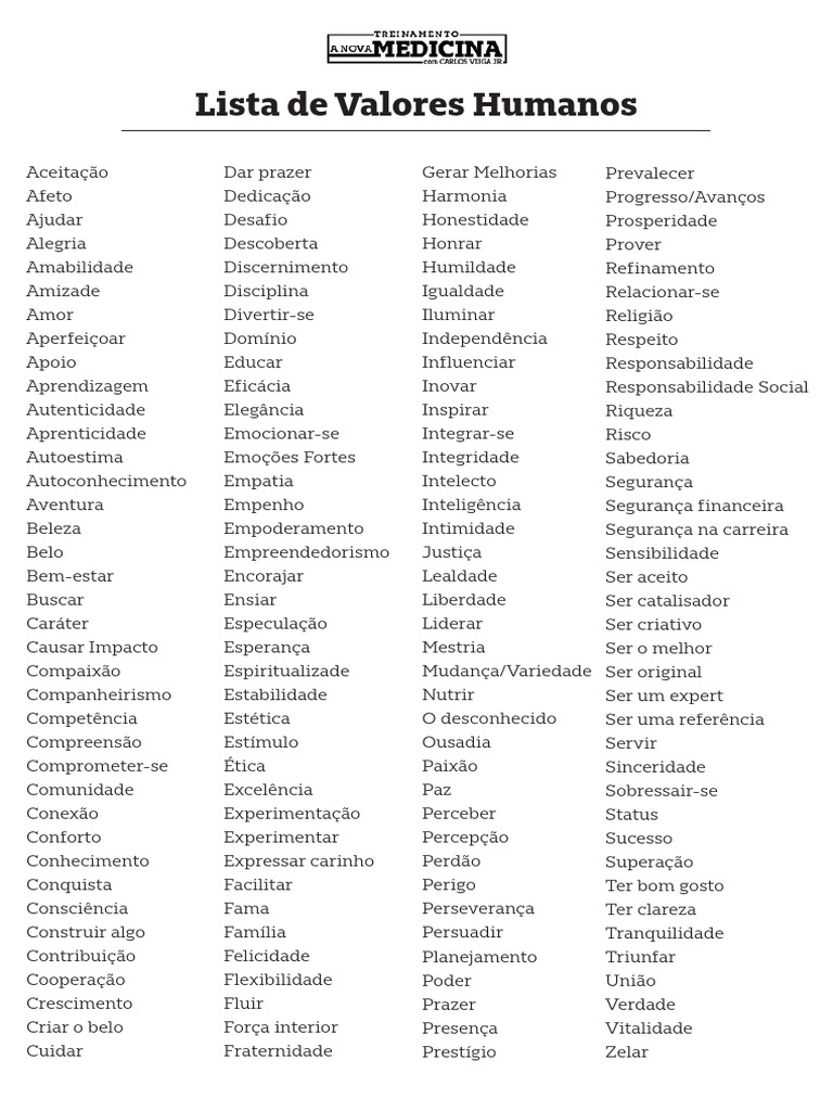 Dia 1 - Lista de Valores Humanos | PDF | Psicologia | Conceitos ...