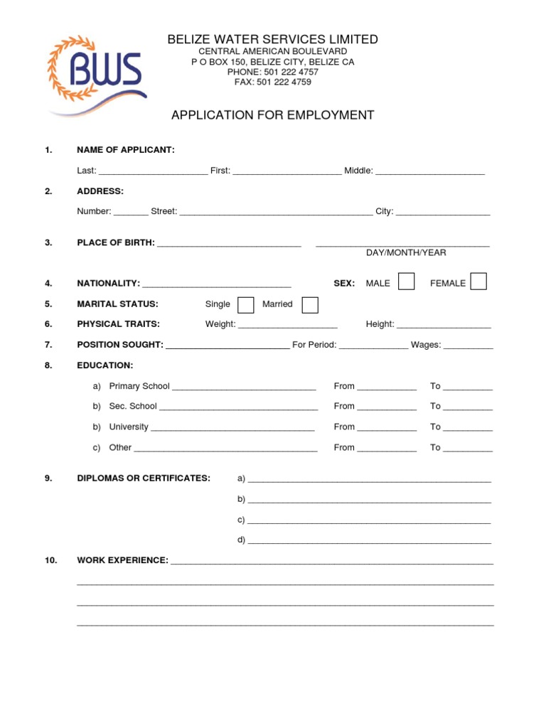 Belize Water Services Job Application | PDF | Sex | Gender