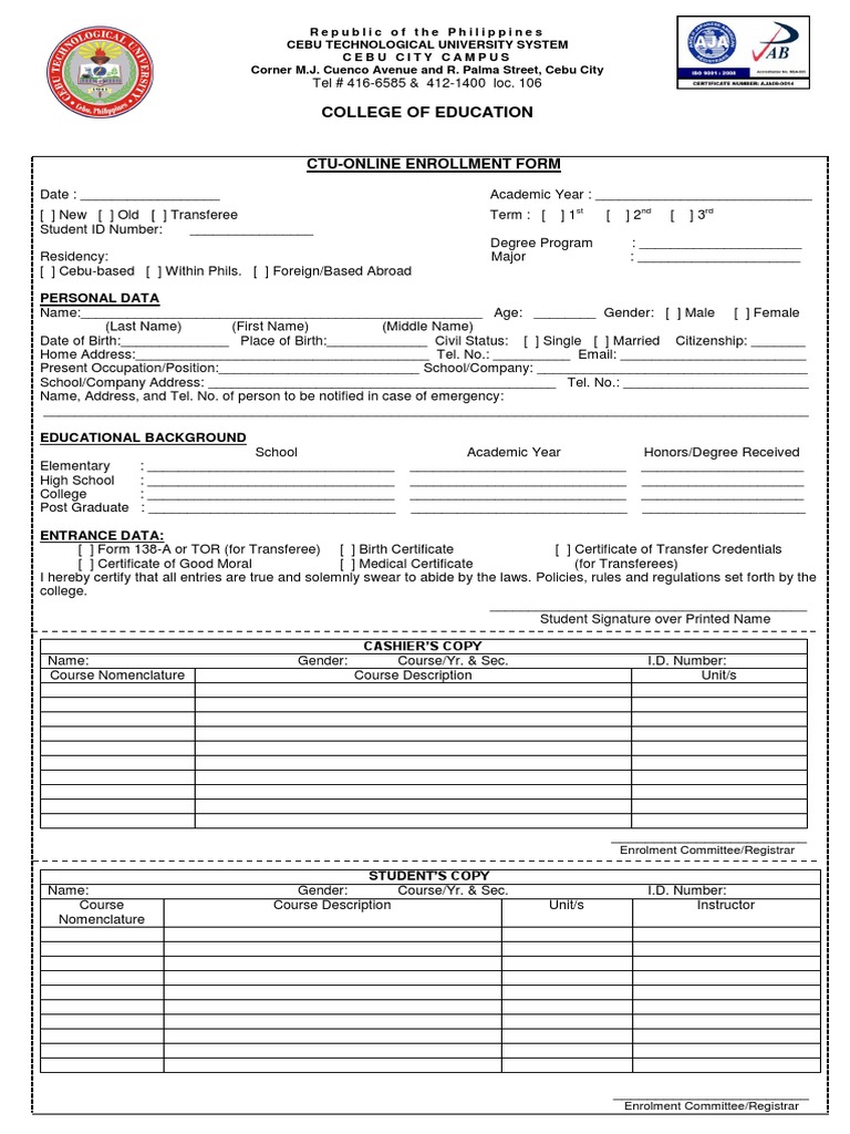 College of Education Enrollment Form PDF Fee Government