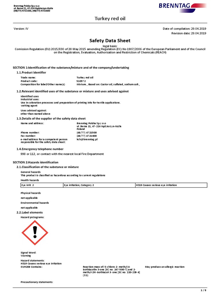 Safety Data Sheet: Turkey Red Oil | PDF | Dangerous Goods | Toxicity
