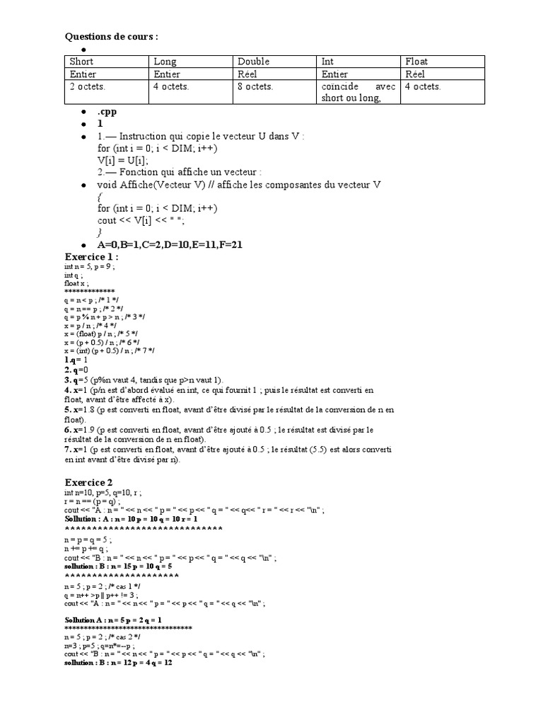 Examen corrigé C++ avec exercices | PDF | Programmation informatique ...