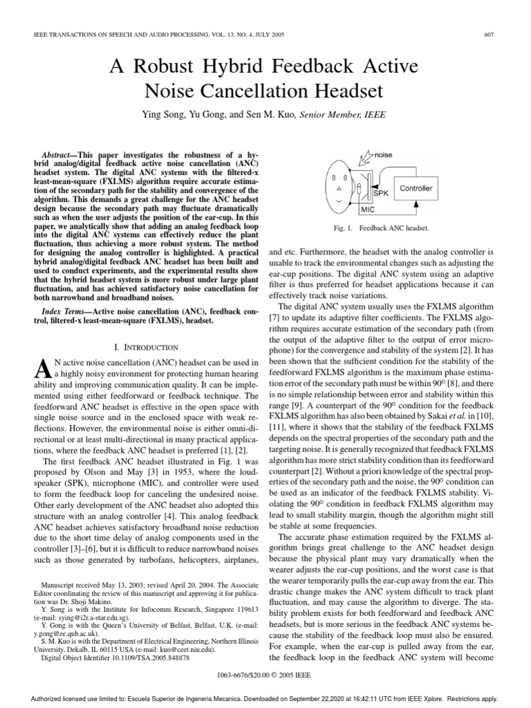 A Robust Hybrid Feedback Active Noise Cancellation Headset PDF | PDF ...