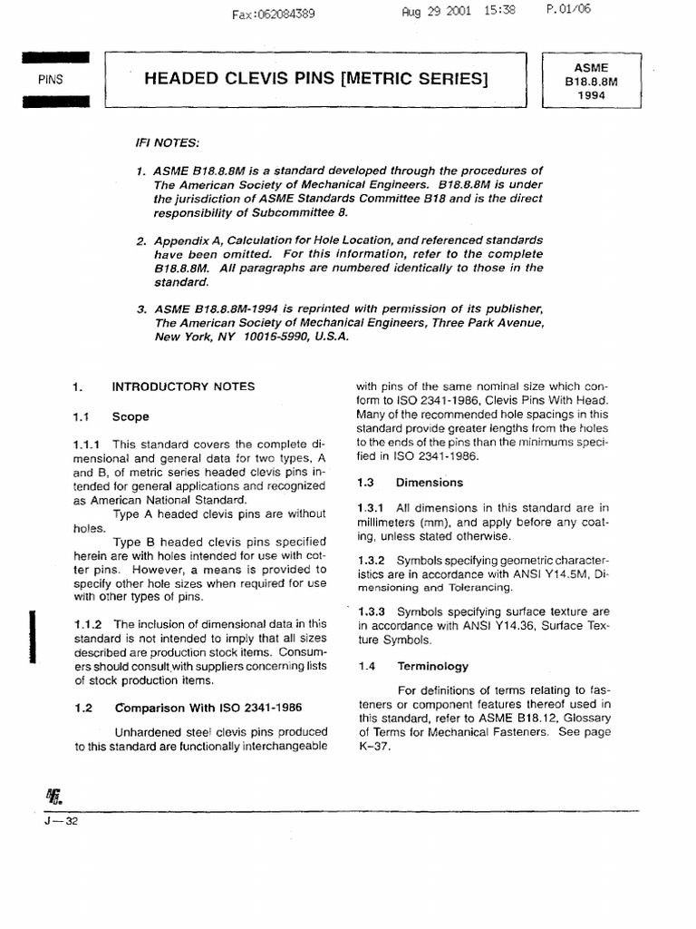 ASME B18.8.8M1994 Headed Clevis Pins (Metric Series) PDF