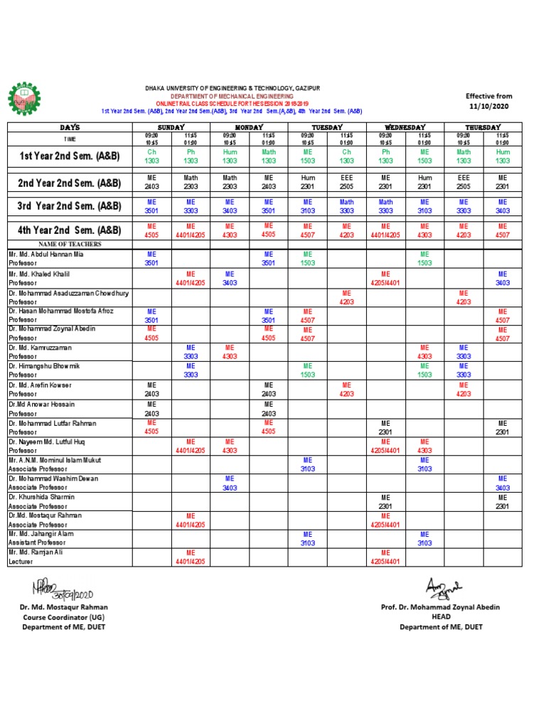 Class Routine - Effective From 11.10.2020 - For ME PDF | PDF ...