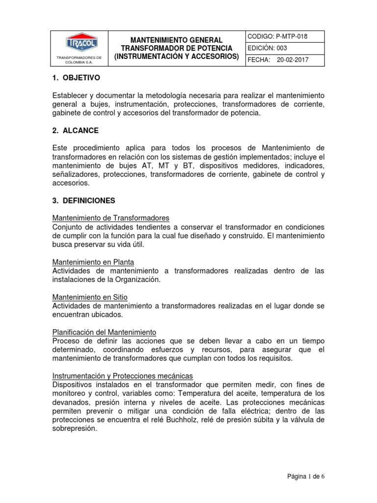 P Mtp 018 Mantenimiento Del Transformador Pdf Pdf Transformador