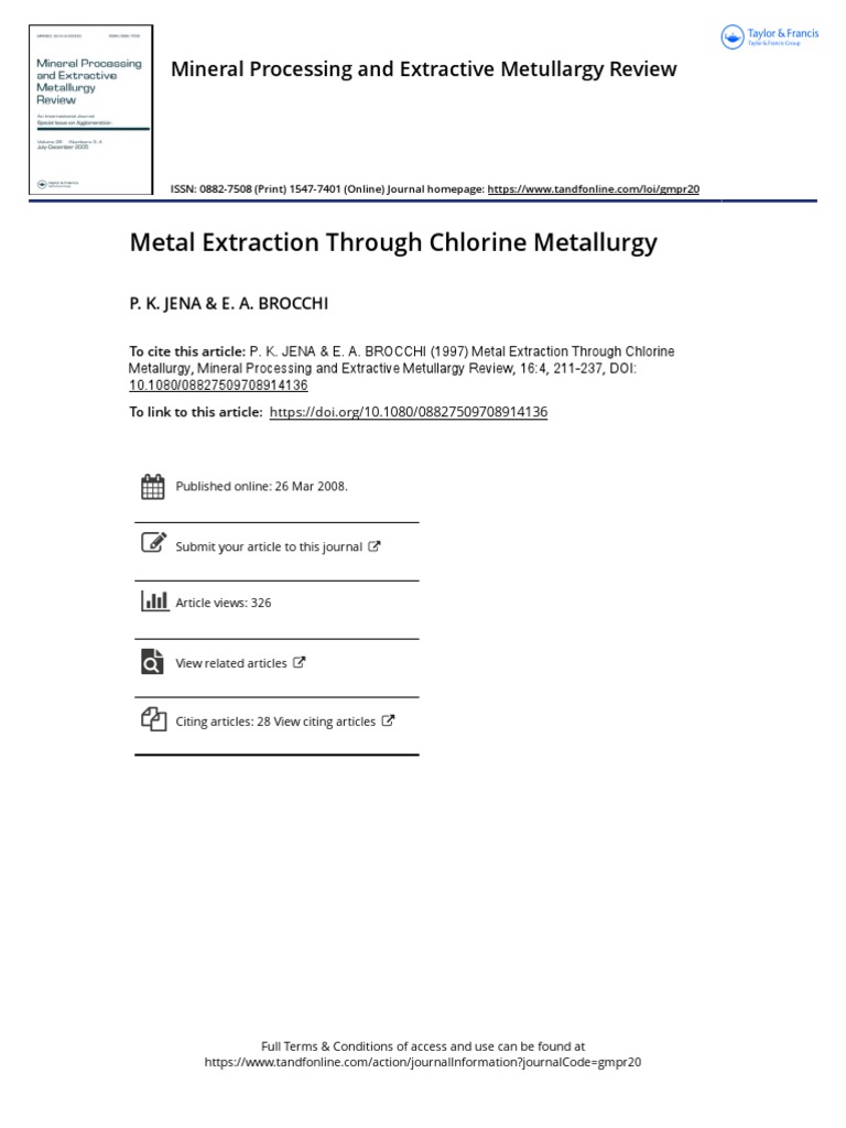 Metal Extraction Through Chlorine Metallurgy PDF Chlorine Metals