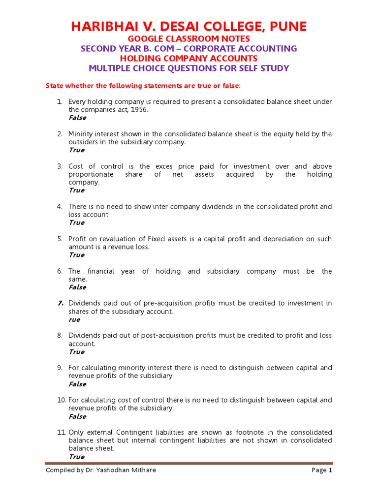 Mcq On Holding Pany Pdf Goodwill Accounting Minority Interest