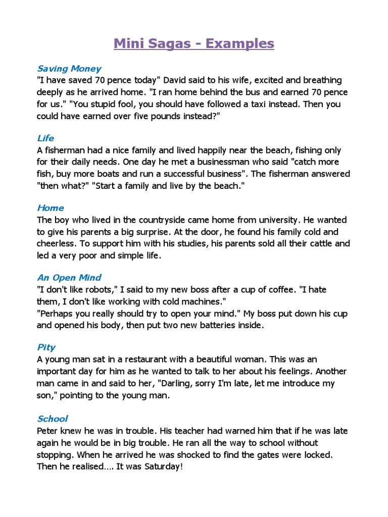 Mini Sagas Examples Saving Money PDF