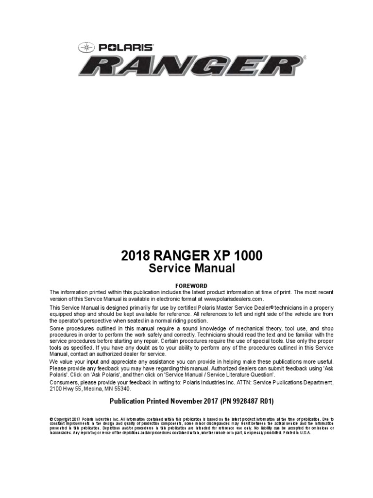 2017 POLARIS RANGER XP 1000 SERVICE MANUAL PDF visual data 3