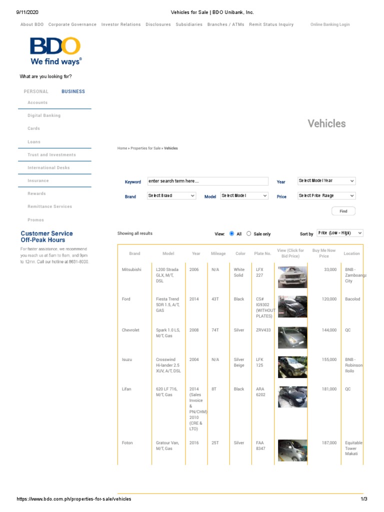 Vehicles For Sale BDO Unibank, Inc PDF Automotive Industry Vehicles
