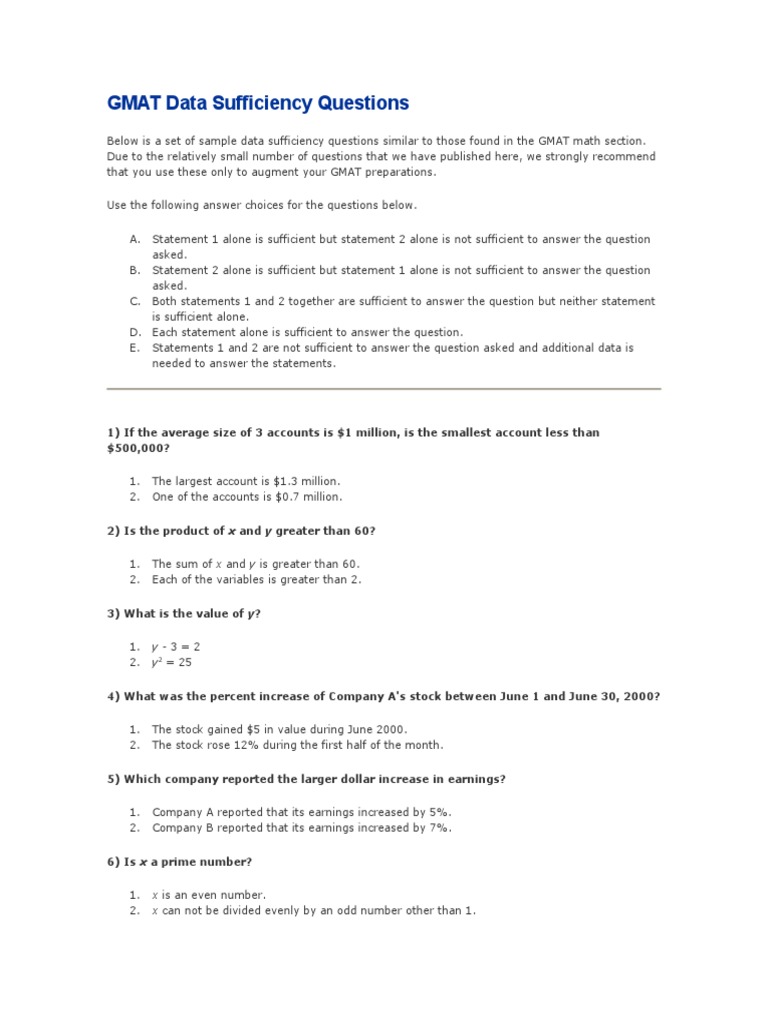 GMAT Data Sufficiency Sample Questions | PDF | Graduate Management ...
