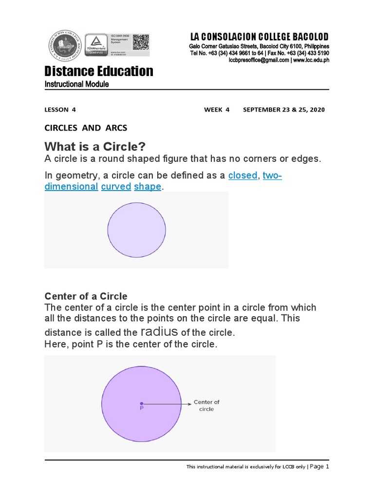 Circles and Arcs: An Instructional Module on Geometric Shapes | PDF ...