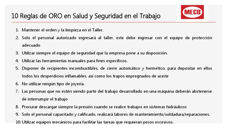 10 Reglas de Oro en Seguridad Laboral | PDF