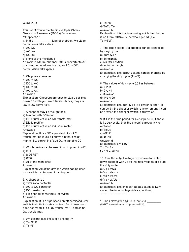 Chopper Mcqs Electronic Circuits Electronic Engineering