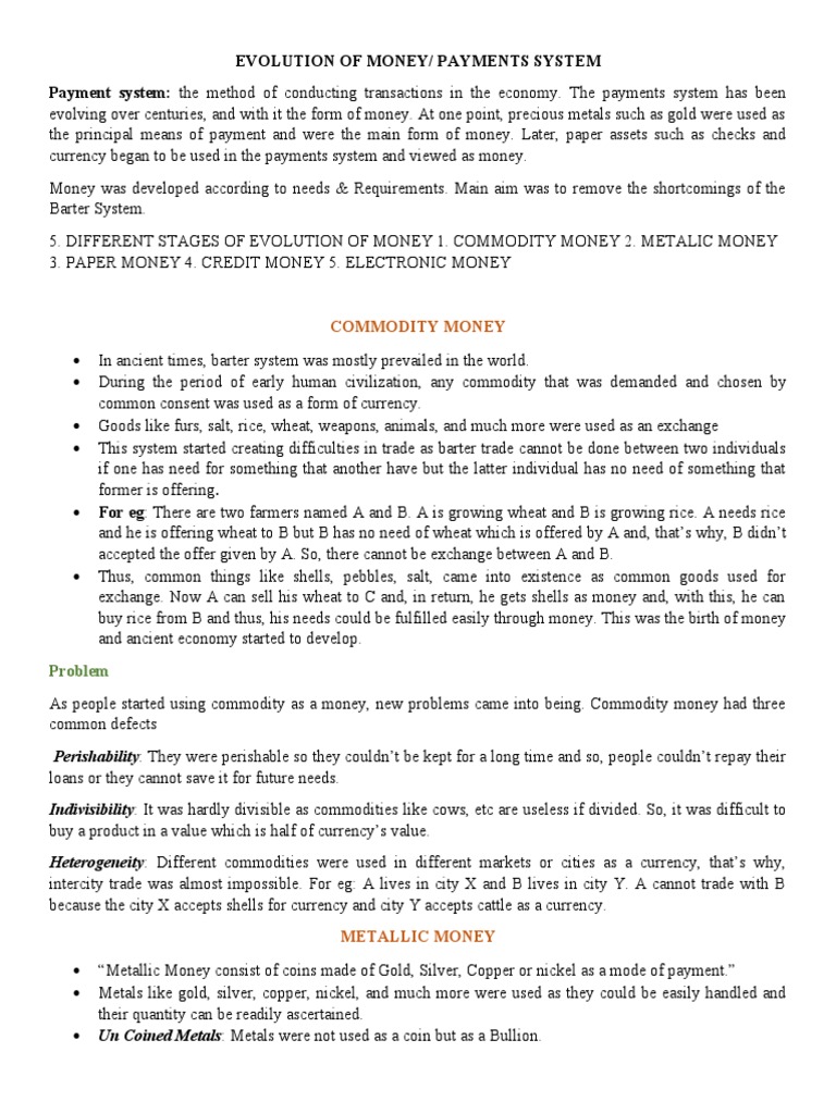 Evolution Of Money Payments System Payment System The Method Of