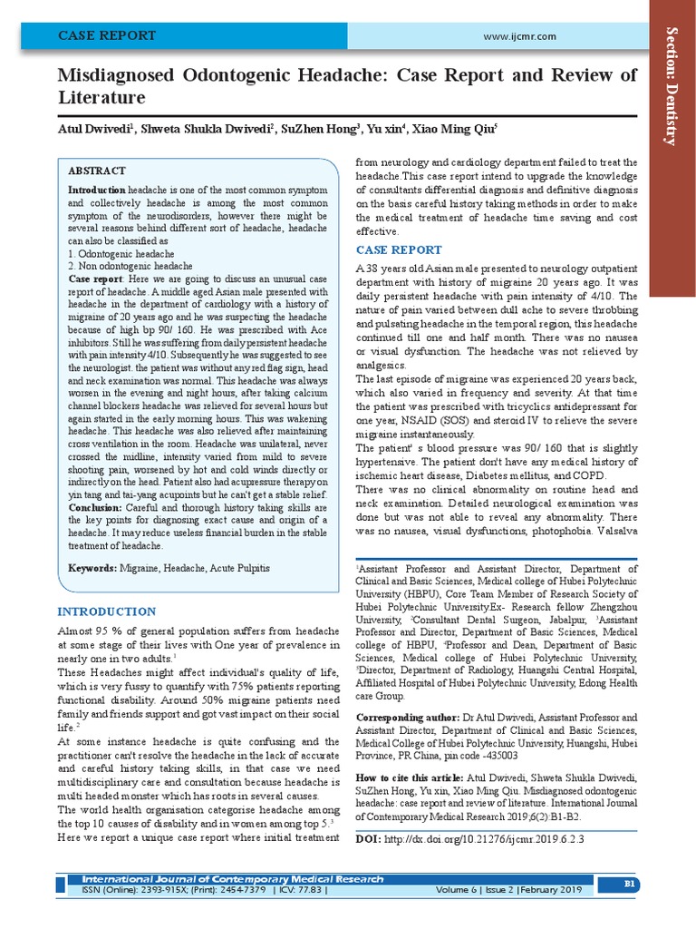 Misdiagnosed Odontogenic Headache Case Report and Review of Literature