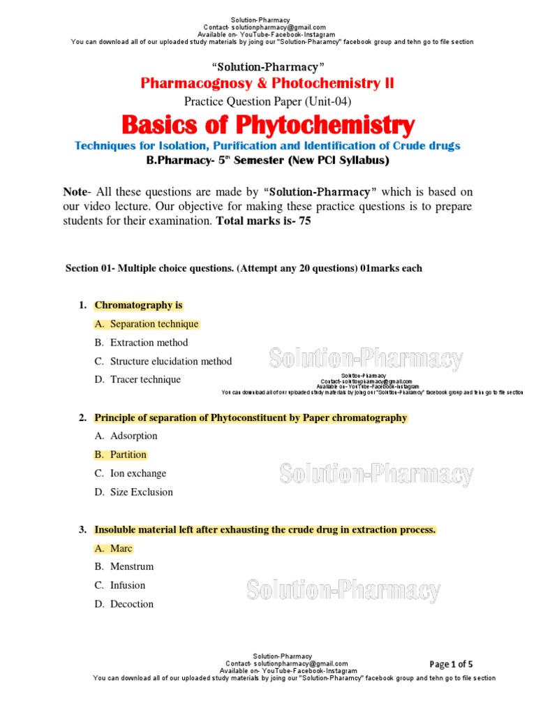 Model Question of Unit 4 Pharmacognosy PDF Chromatography
