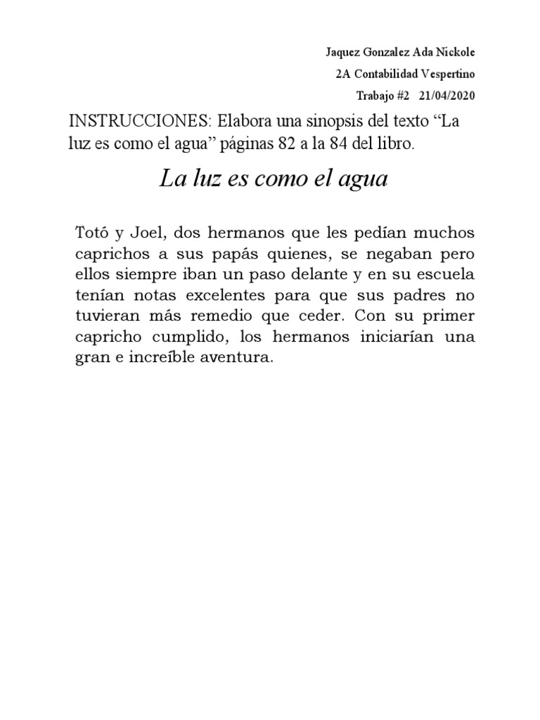 Sinopsis de La Luz Es Como El Agua PDF