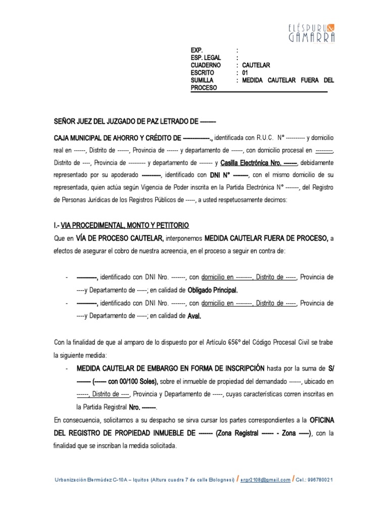 Modelo Medida Cautelar Fuera Del Proceso | PDF | Mandato | Demanda judicial