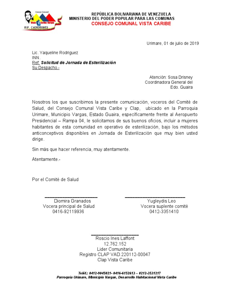 Carta De Solicitud Para Jornada De Fumigacion Planificacion Familiar Derechos Reproductivos