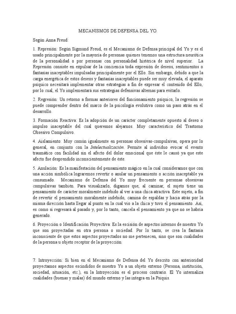 Mecanismos de Defensa Del Yo | PDF | Neurosis | Psicoanálisis