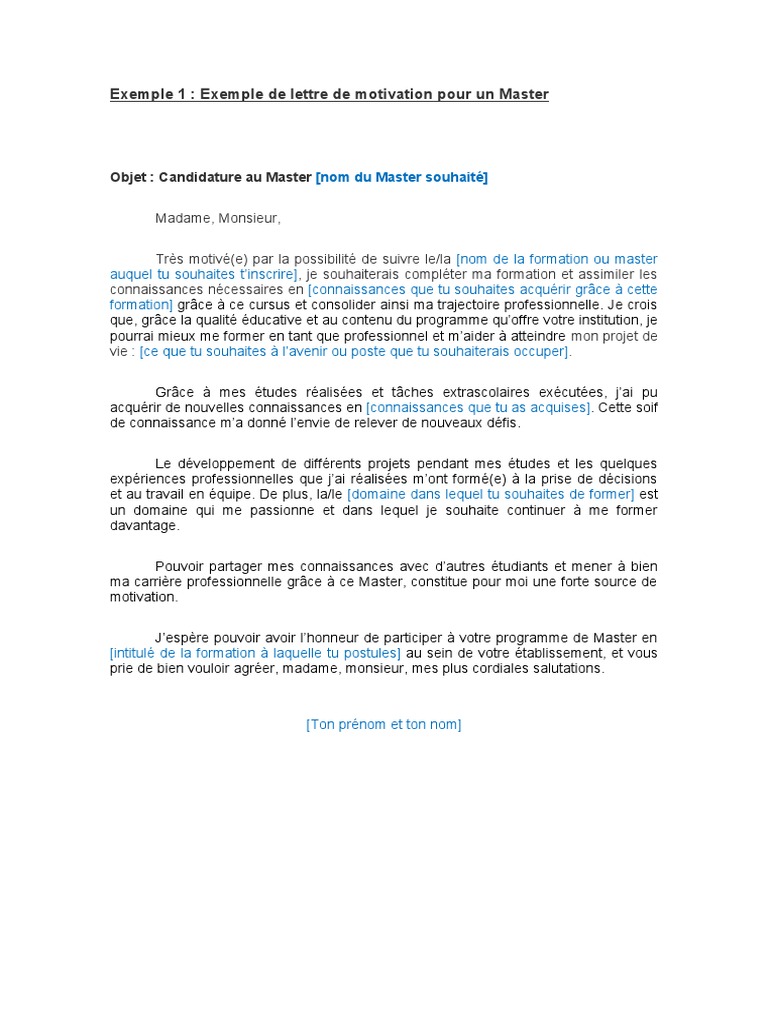Excellente Lettre De Motivation Master 1 5 Exemple Lettre de Motivation Master | PDF | Motivation | Motivationnel